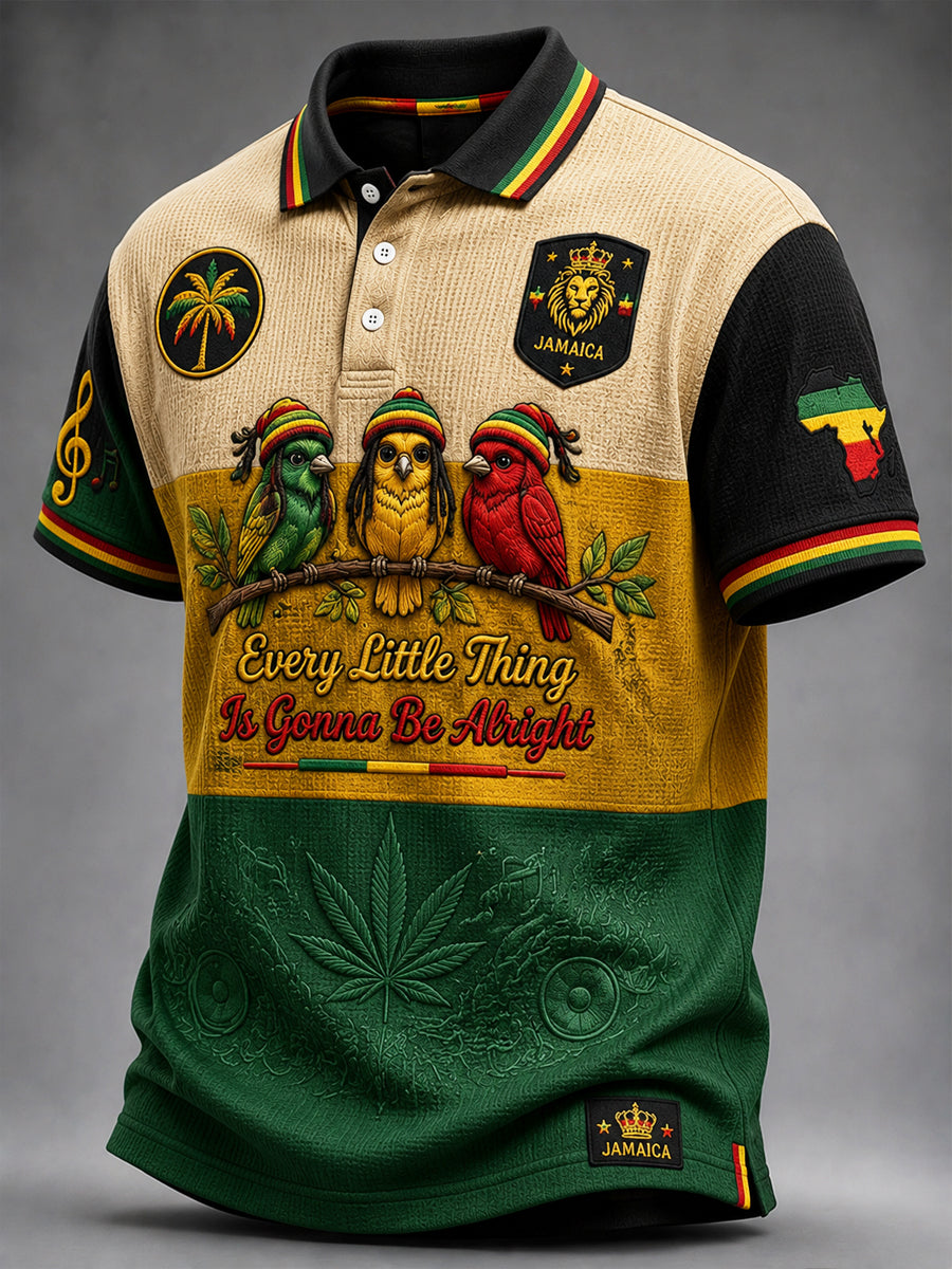 Retro Reggae-Inspired Geometric Casual Waffle-Weave Polo Shirt
