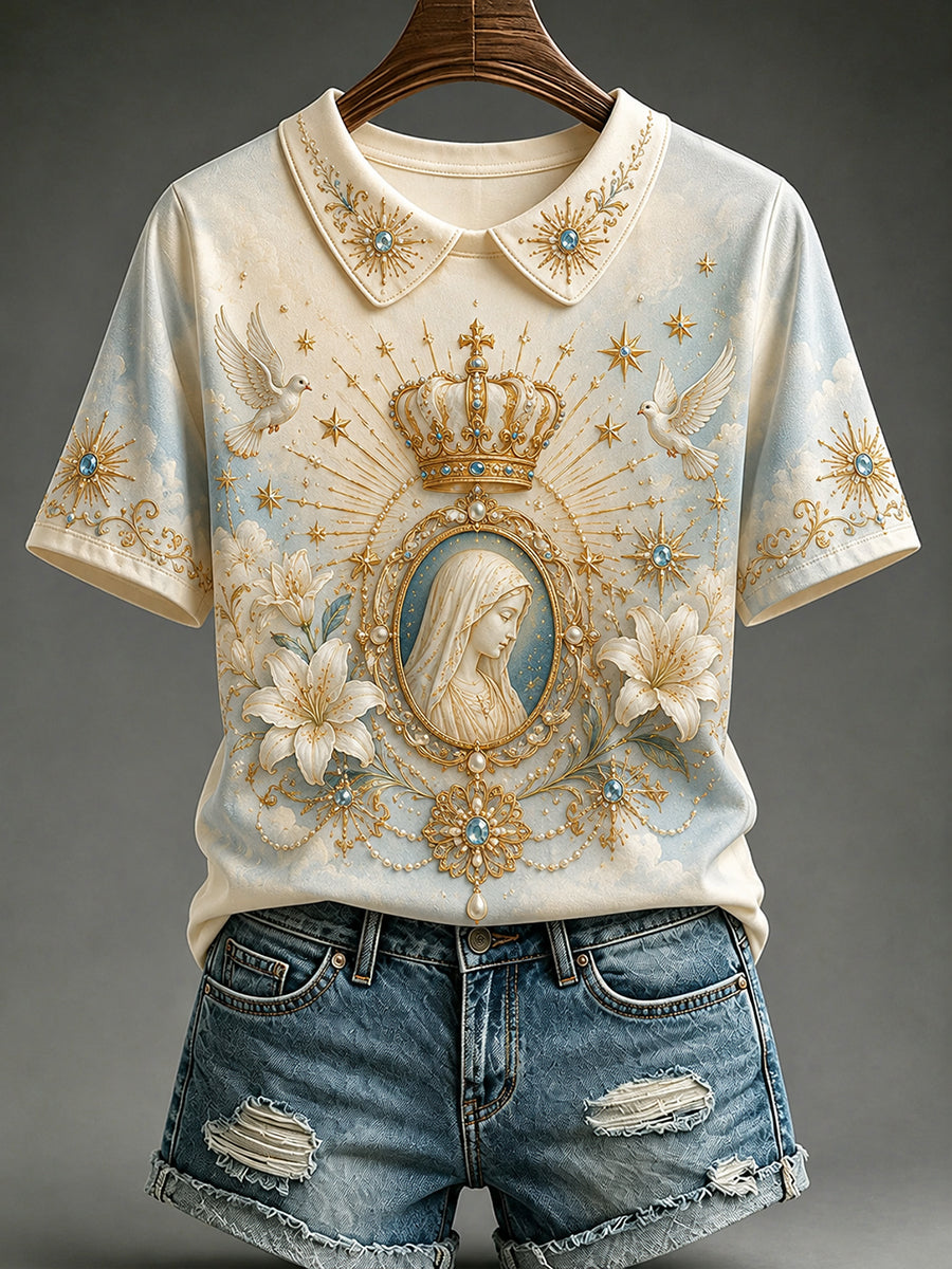 Women's Assumption of Mary Print Fake Two-Piece Collared T-shirt
