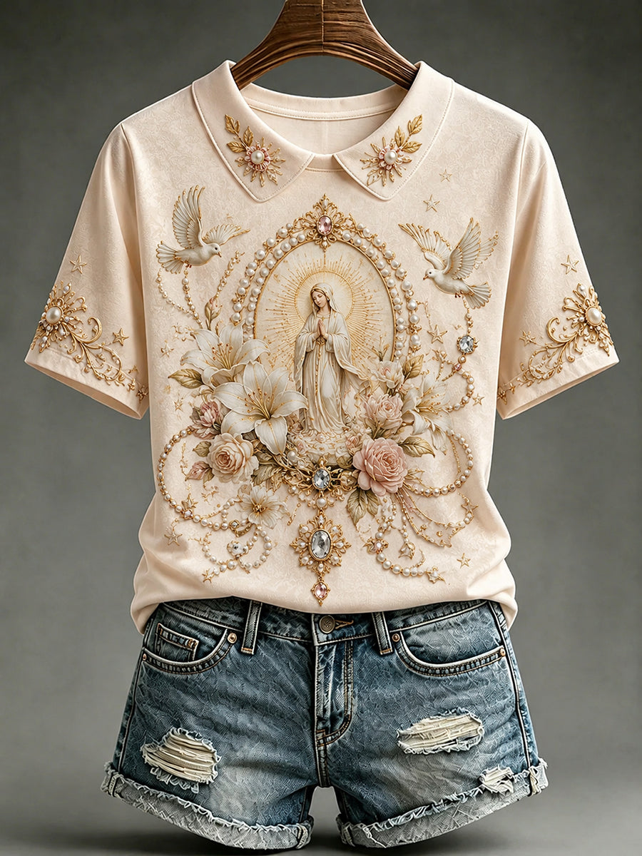 Women's Assumption of Mary Print Fake Two-Piece Collared T-shirt
