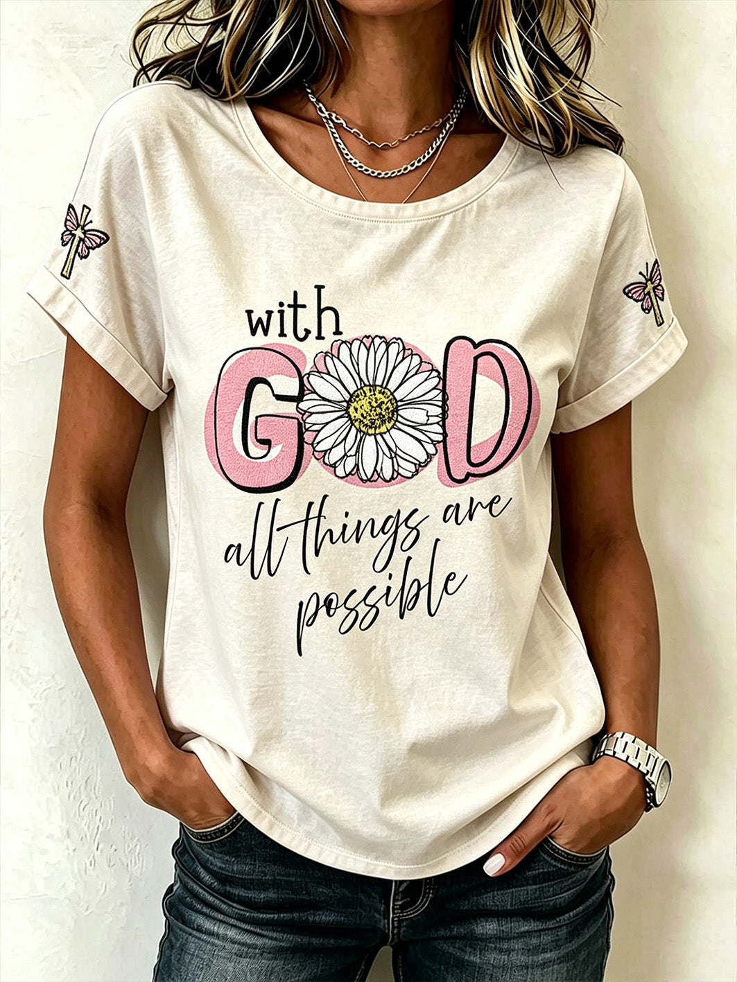 Women's Faith Pattern Printed Leisure Round Neck Short Sleeve T-shirt