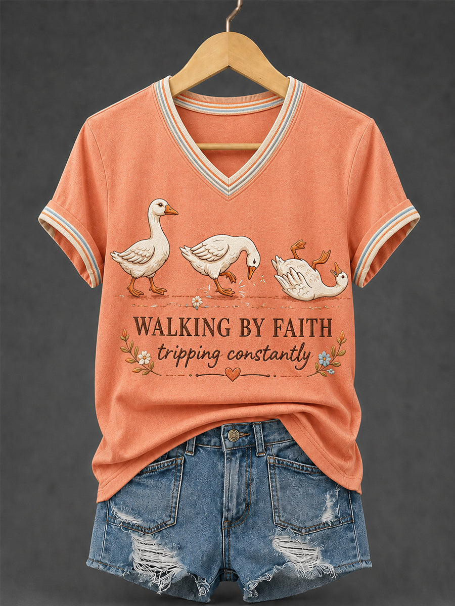 Women's Walking by Faith Tripping Constantly Goose Print Christian Inspirational V-Neck Tee