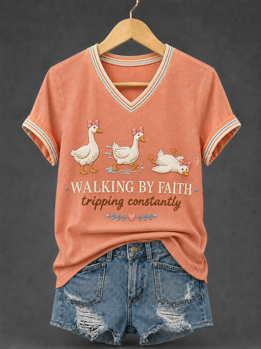 Women's Walking By Faith Tripping Constantly Goose Print Christian Inspirational V-Neck Tee