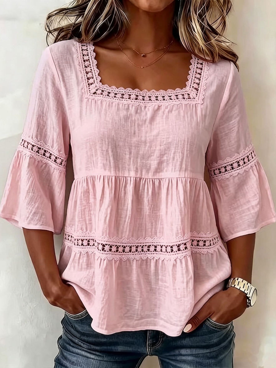 Women’S Square-Neck Cotton-Linen Lace Appliqué Patchwork Short-Sleeved Top