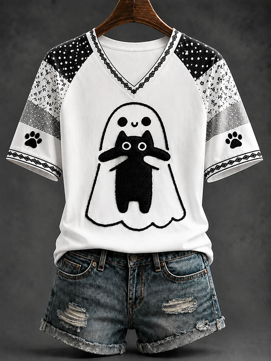 Women's Fun Black Cat Casual Print T-shirt