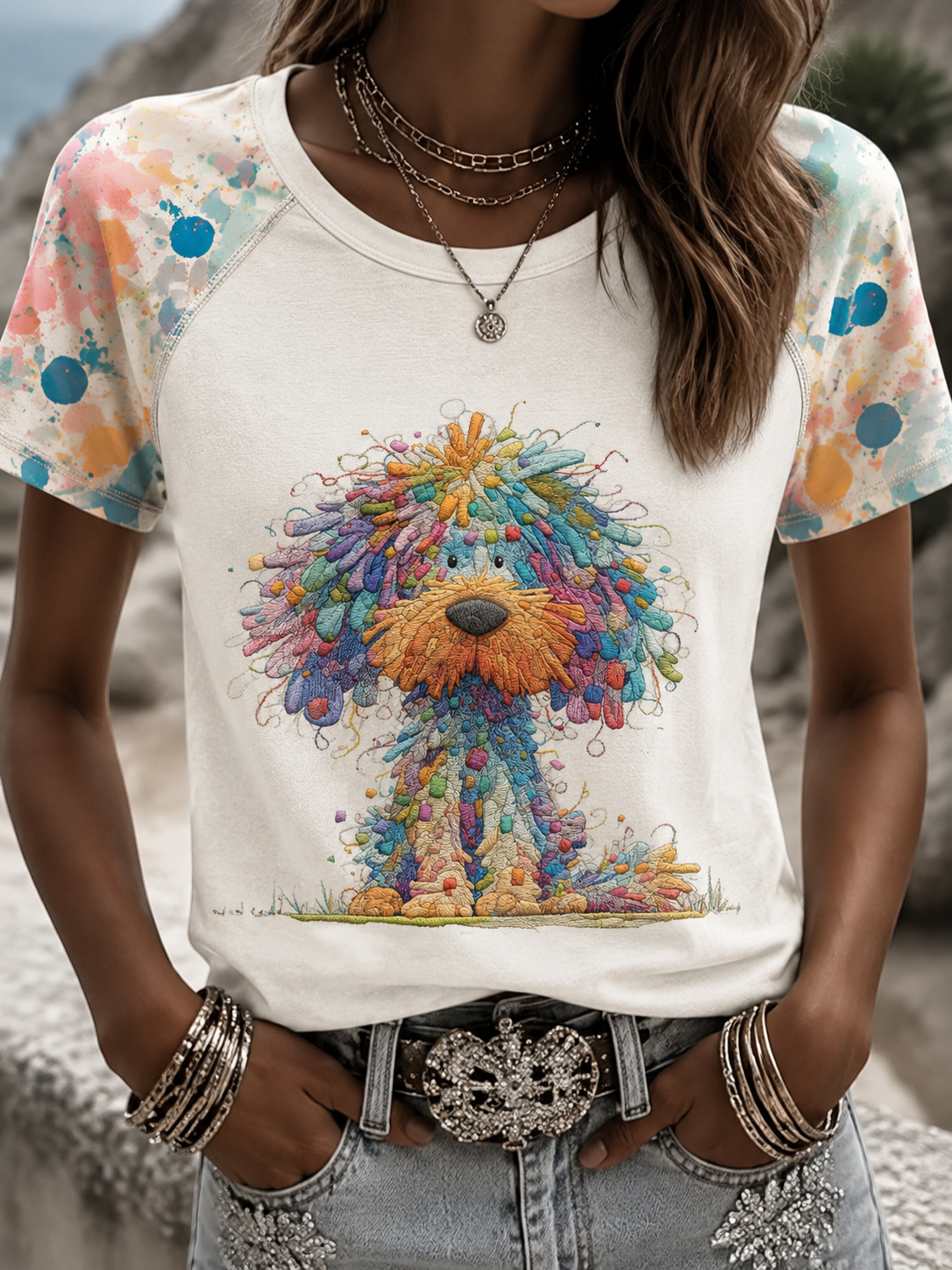Women's Rainbow Dog Round Neck Short Sleeve T-shirt