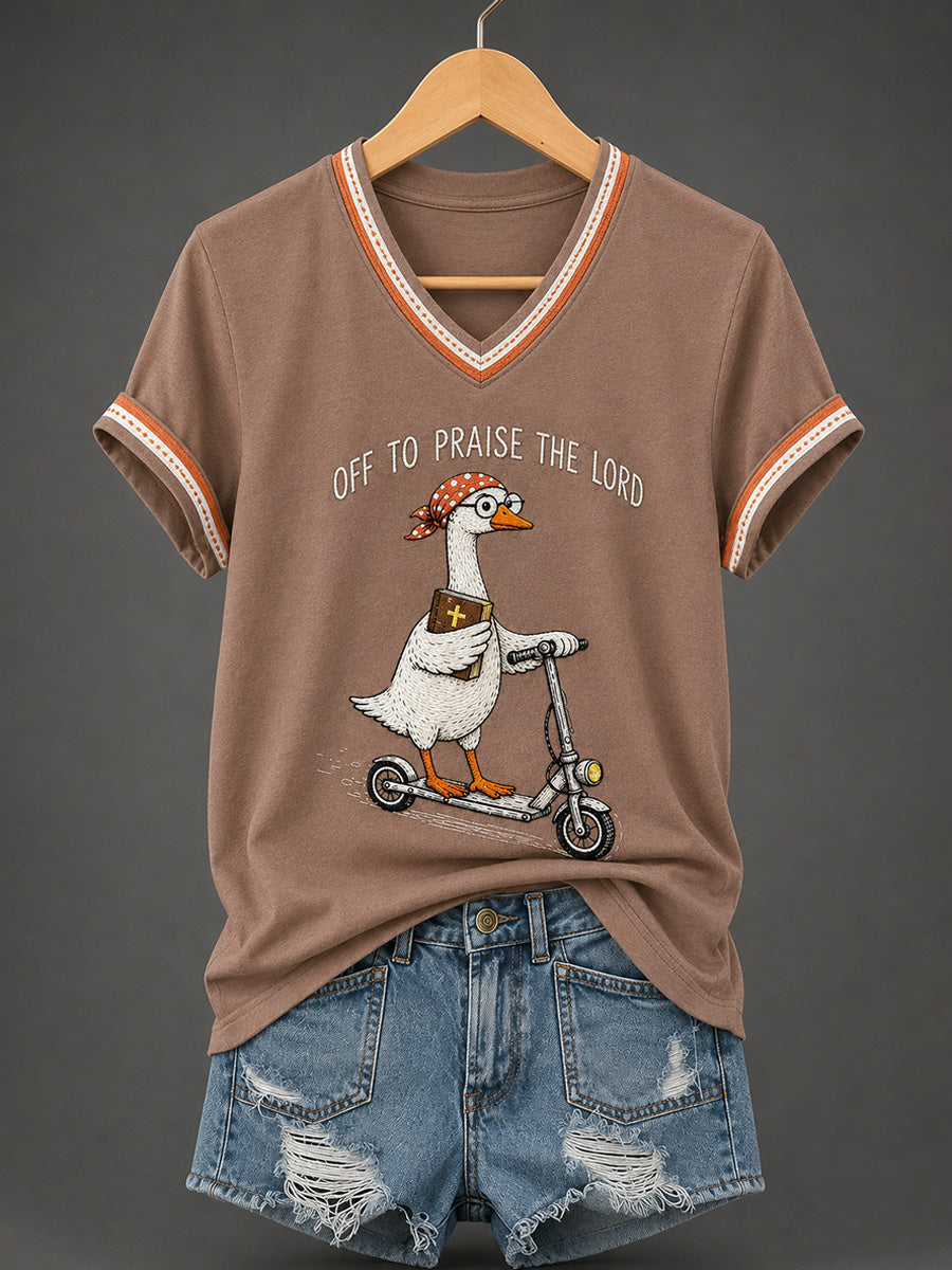 Women's Christian Off To Praise The Lord Print Casual V-Neck Tee