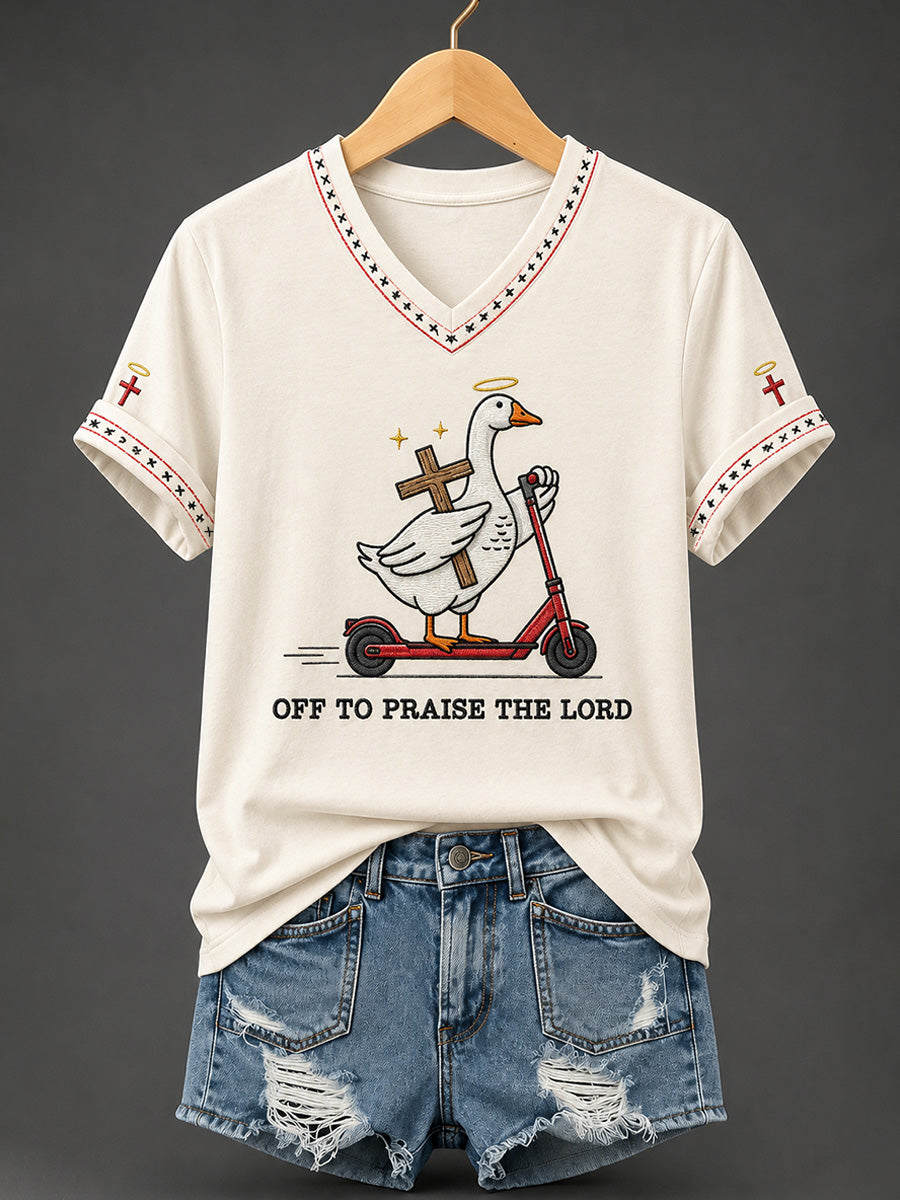 Women's Christian Off To Praise The Lord Print Casual V-Neck Tee