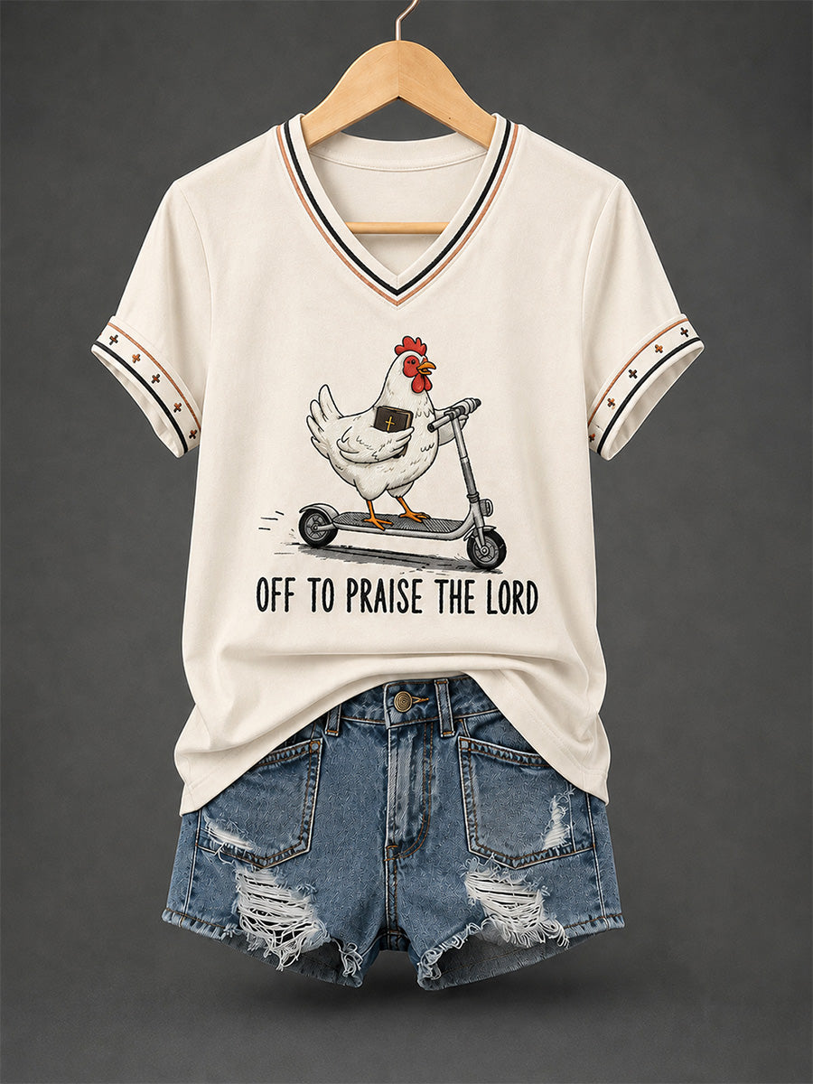 Women's Christian Off To Praise The Lord Print Casual V-Neck Tee