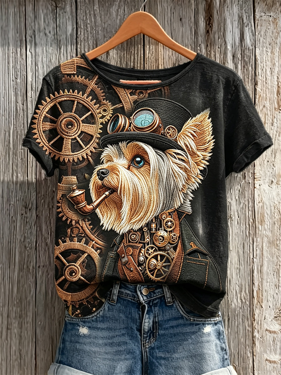 Women's Steampunk Yorkshire Terrier Dog Art Print short-sleeved T-shirt