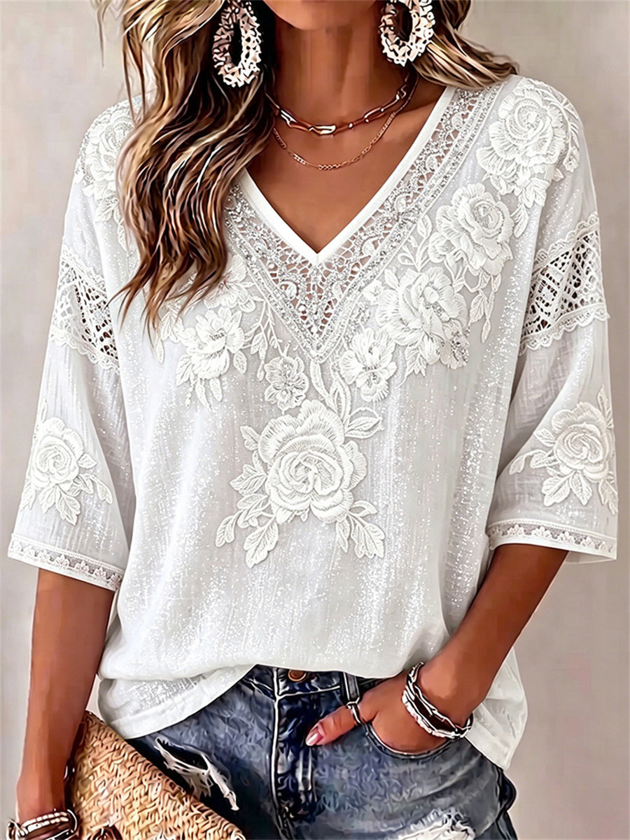Women's Classy Boho Roses Floral Art Print linen Mid-sleeved T-shirt