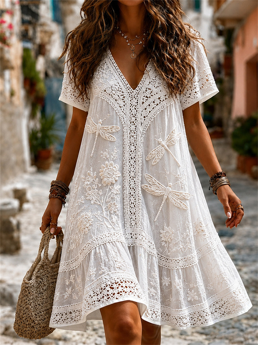 Women's Boho Dragonflies Floral Lace Art Print Flowy Short-sleeved Mini Dress