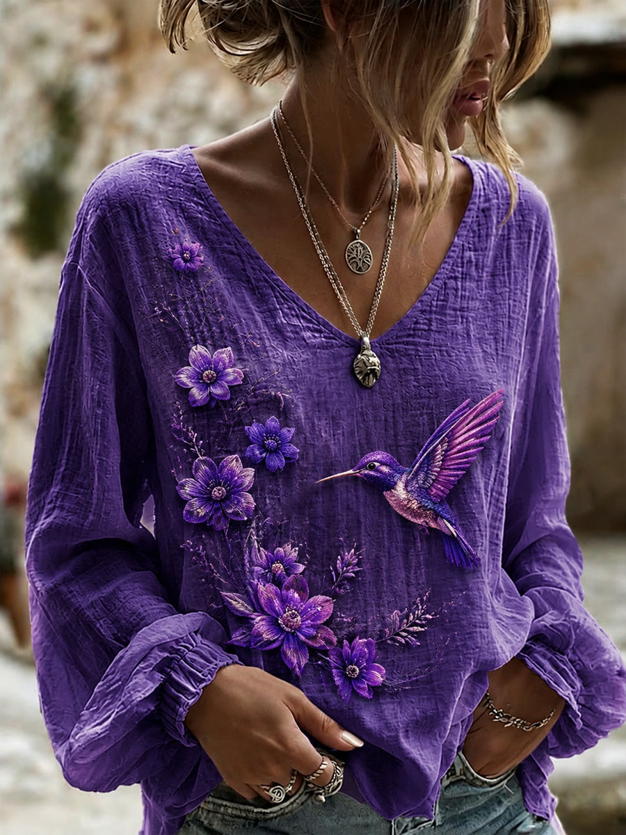 Women's Purple Flora Art Print Cotton-Linen Shirt