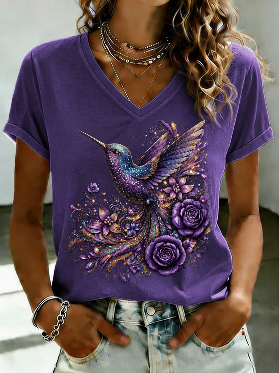 Women's Purple Flora Art Printed V-neck T-shirt