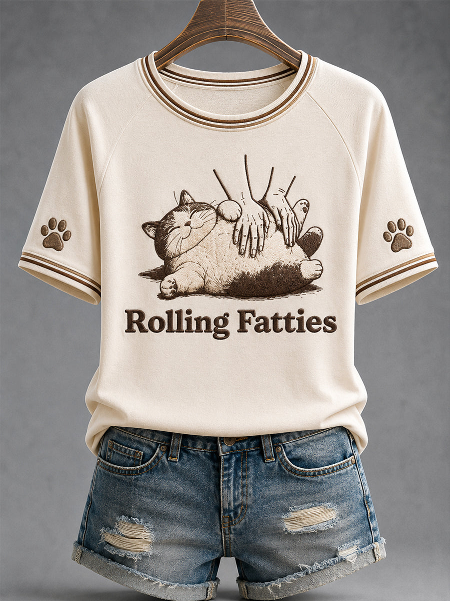 Women's Funny Cute Fat Cat Print Gift For Cat Lovers Casual Tee