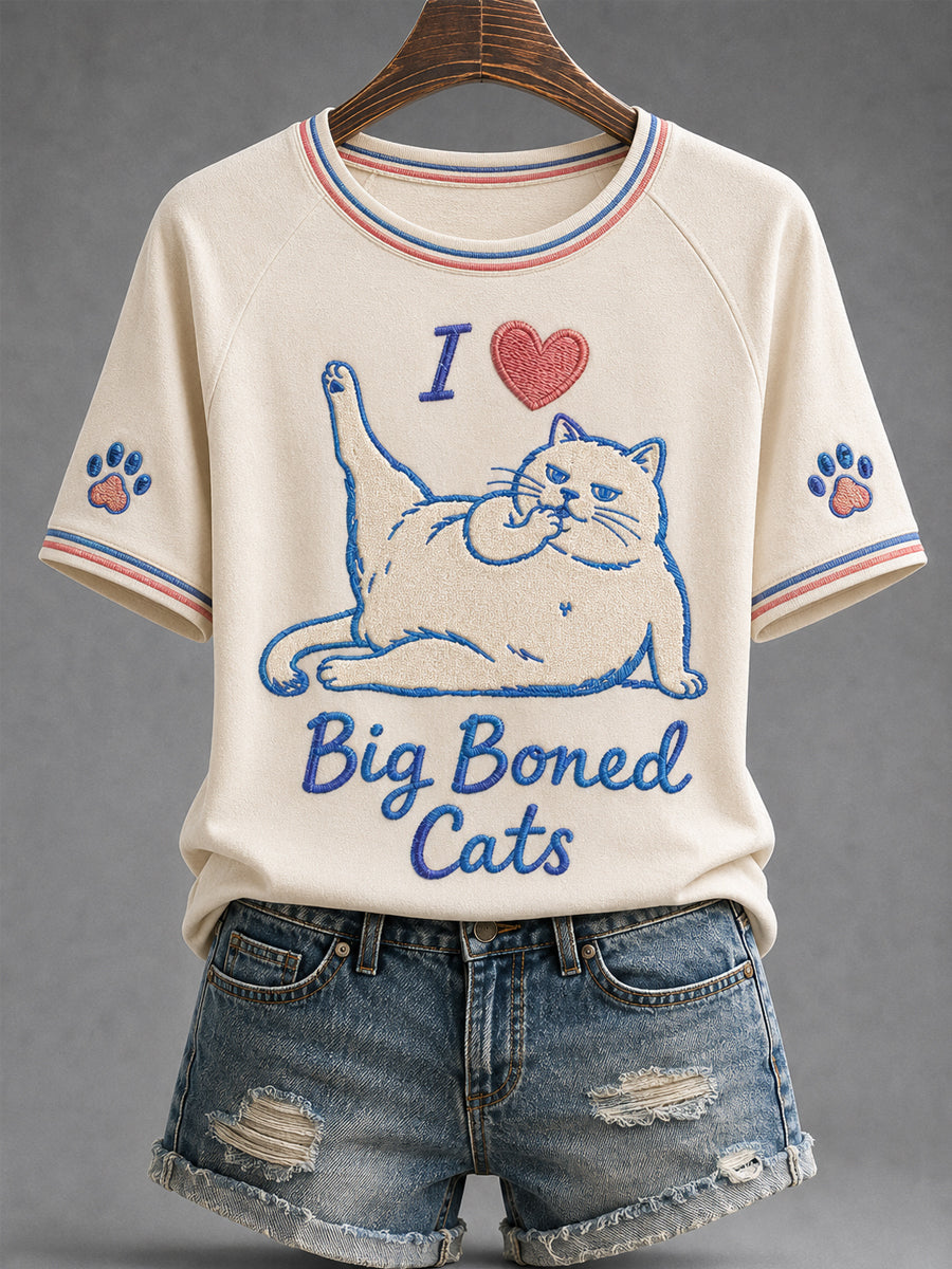 Women's Funny Cute Fat Cat Print Gift For Cat Lovers Casual Tee