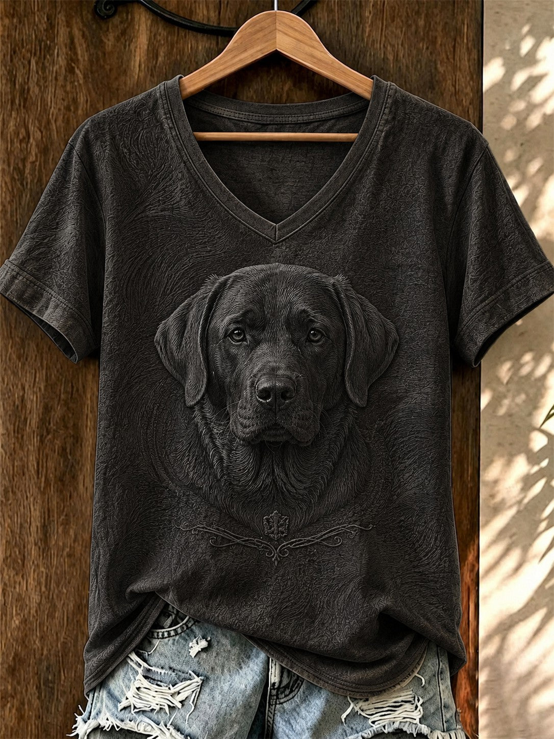 Women's Art Dog Printed V-neck T-shirt