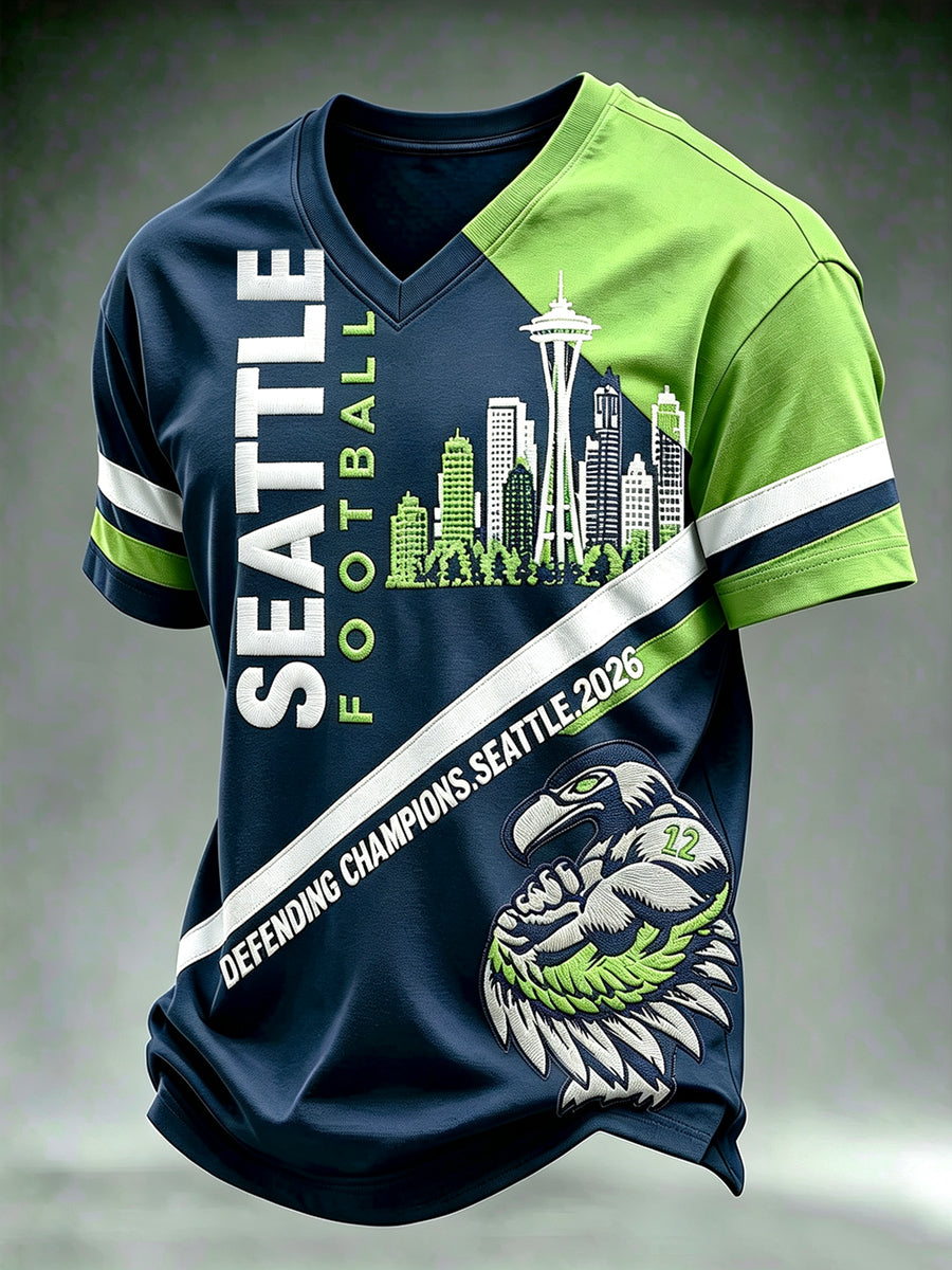Men's Seattle Football Printed Vintage Fashion Loose Short Sleeve T-Shirt