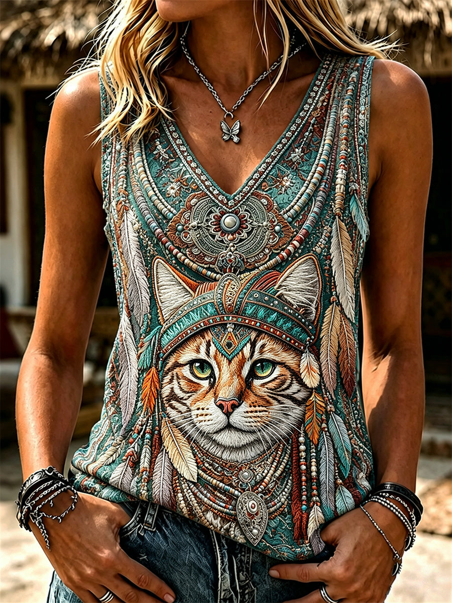 Women's Vintage Western Cat Ethnic Feathers Art Print V Neck Tank Top