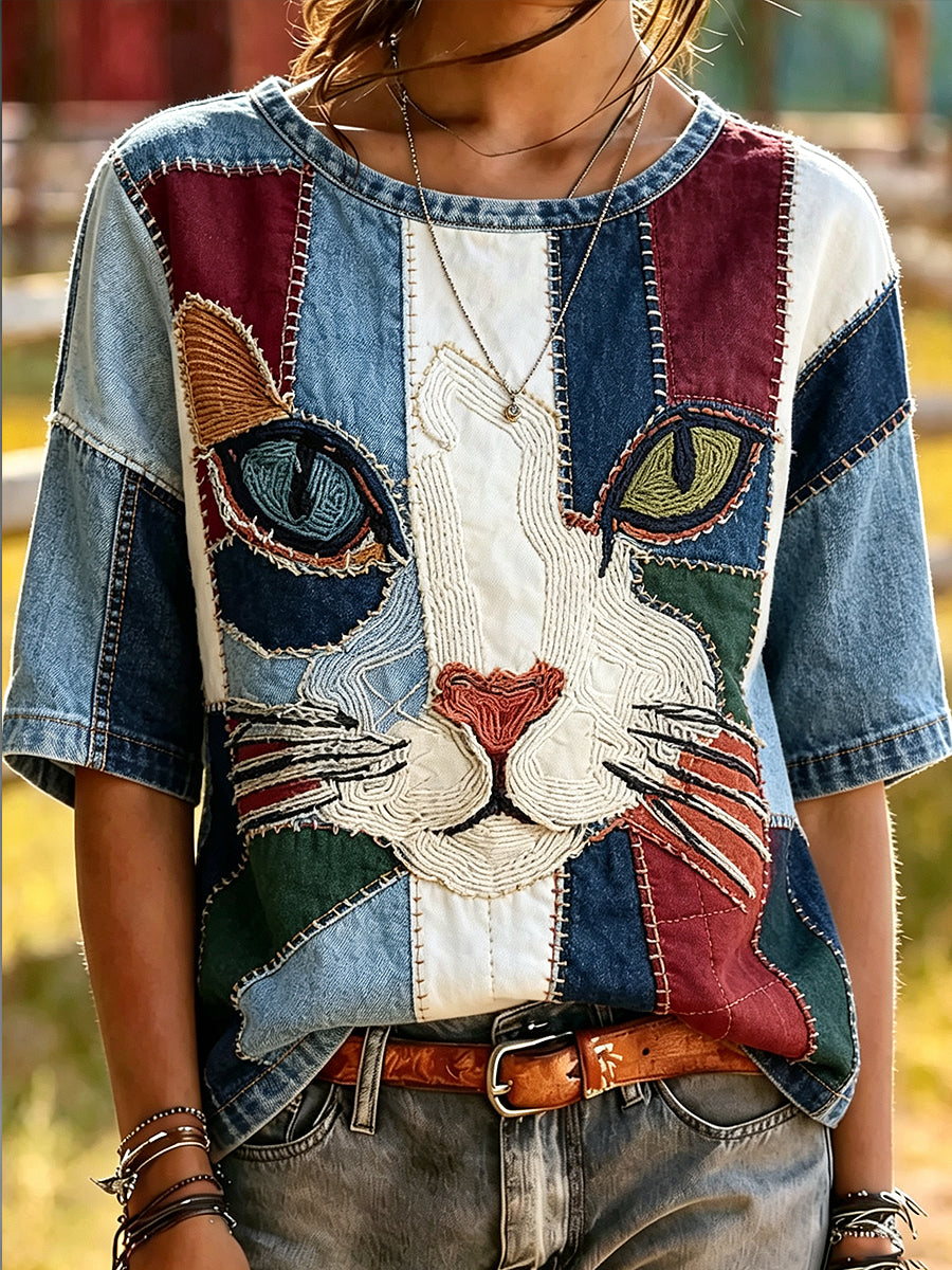 Women's Splice Animal Cat Printed Vintage Fashion Loose Short Sleeve T-Shirt