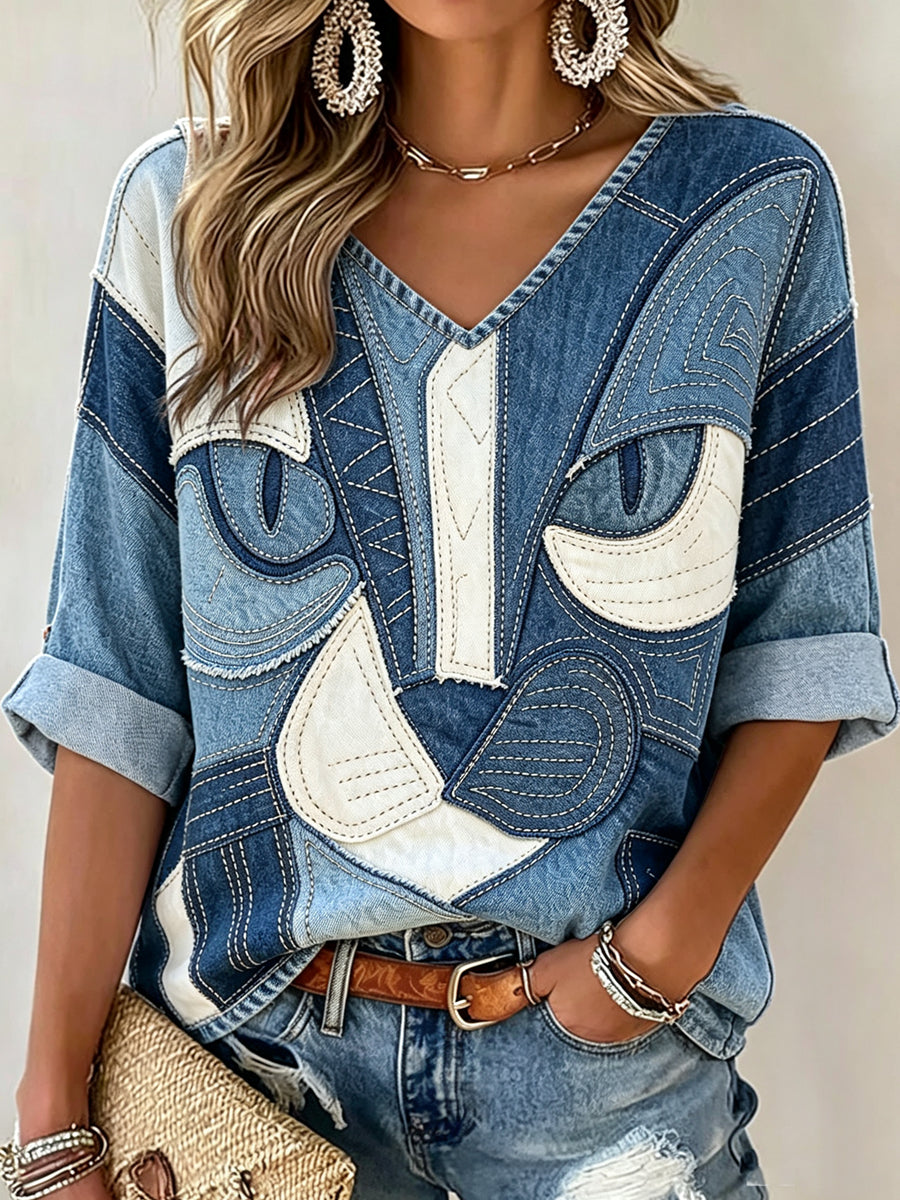 Women's Splice Animal Cat V-neck Mid-Sleeve printed Casual T-shirt