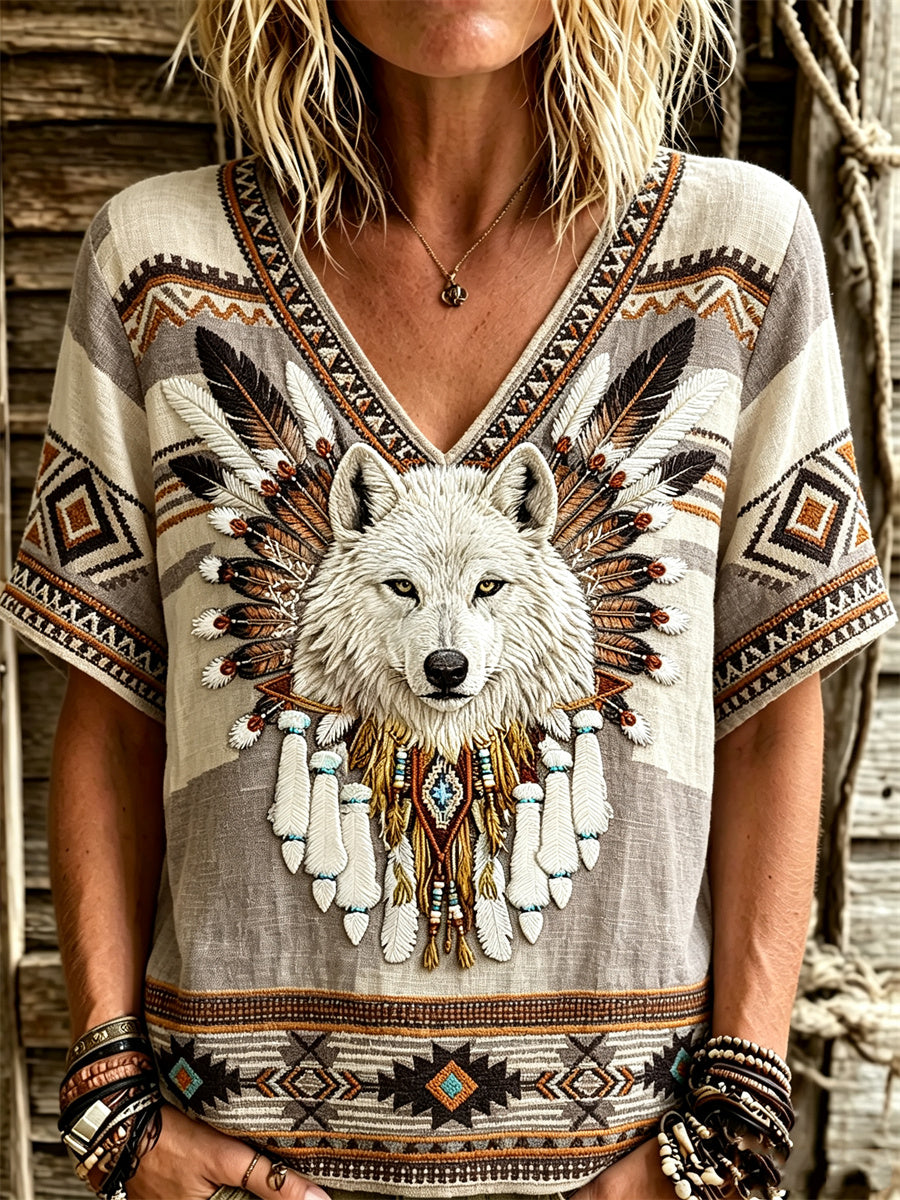 Women's Vintage Western Wolf Dreamcatcher Ethnic Aztec Print linen short-sleeved T-shirt