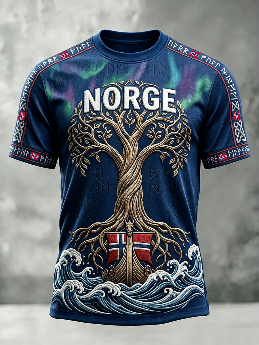 Men's Viking Tree Of Life Art Norway Flag Print Short Sleeves T-shirt