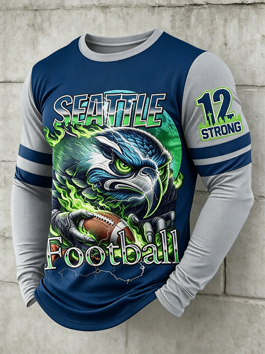 Men's Seattle Rugby Printed Crew Neck Casual Long T-shirt