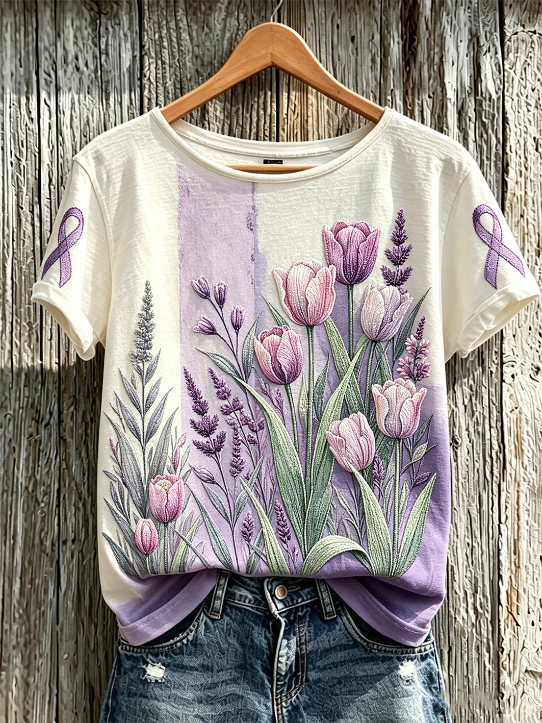 Women's purple floral print casual short-sleeved T-shirt