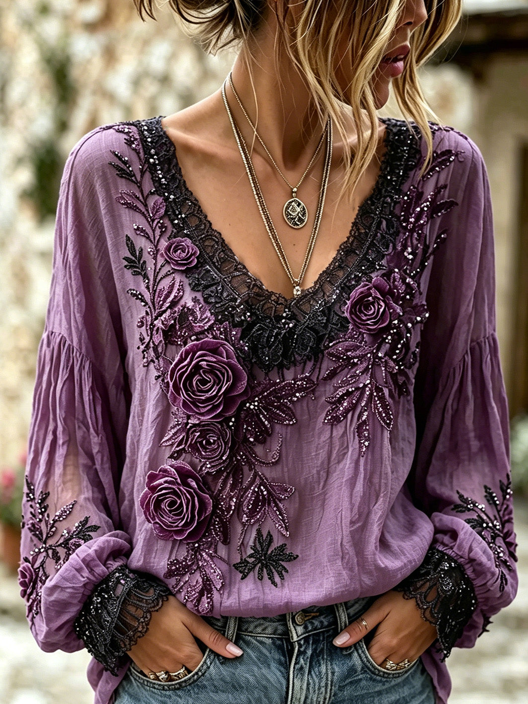 Women's purple floral print casual cotton-linen shirt