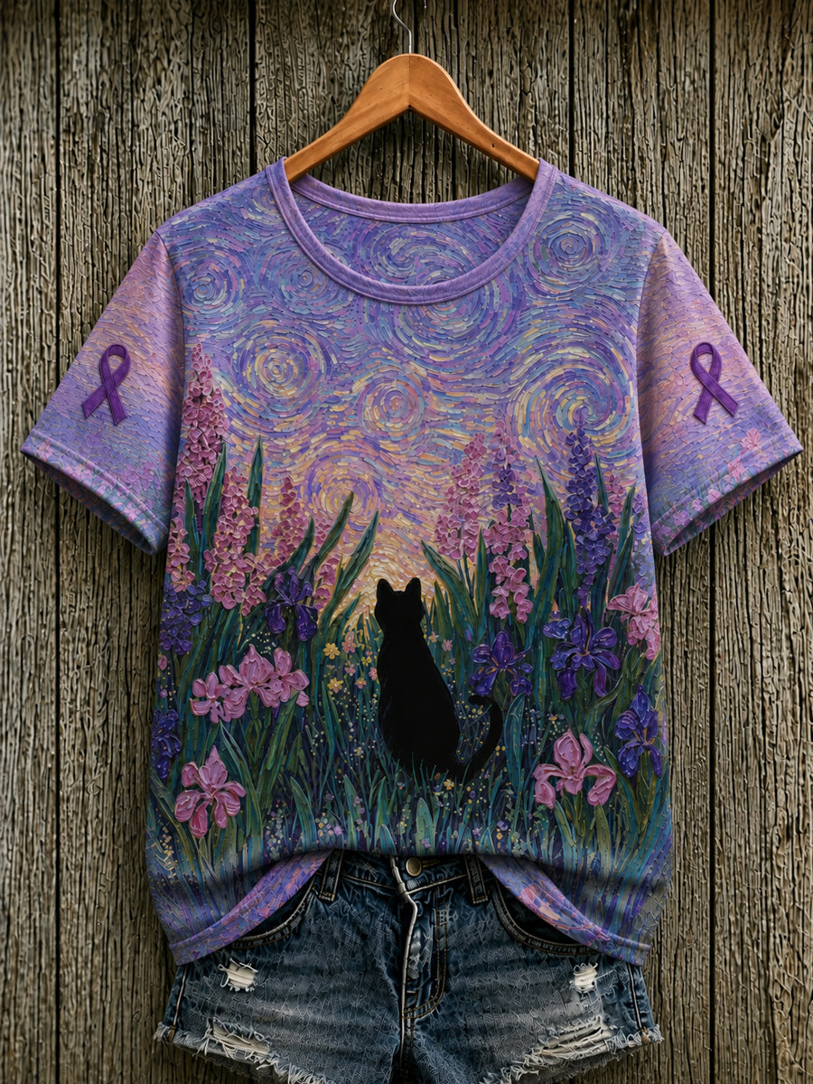 Women's Alzheimer's Awareness Support Purple Floral & Cat Print Short-sleeved T-shirt