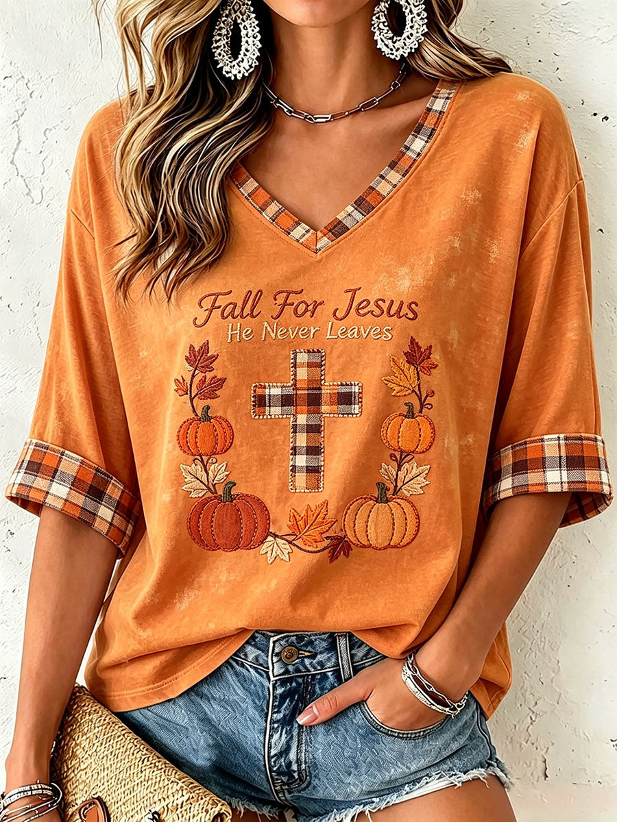 Women's Fall for Jesus He Never Leaves V-Neck Top