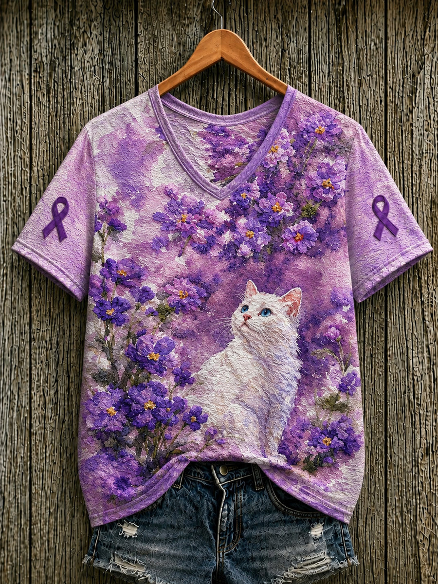 Women's Alzheimer's Awareness Support Purple Floral & Cat Print Short-sleeved T-shirt