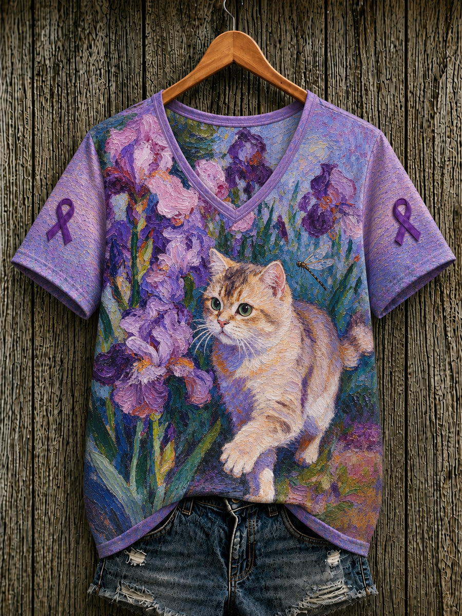 Women's Alzheimer's Awareness Support Purple Floral & Cat Print Short-sleeved T-shirt