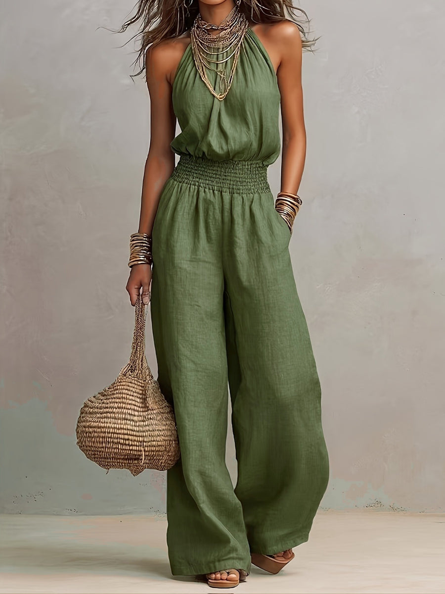 Summer Holiday Casual Round Neck Sleeveless Straight Fit Jumpsuit