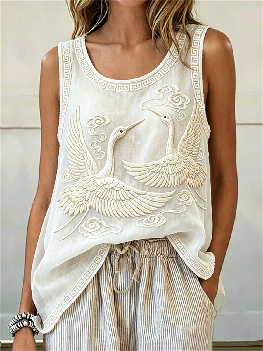 Women's Flying Cranes Over Clouds Japanese Art Print linen Tank Top