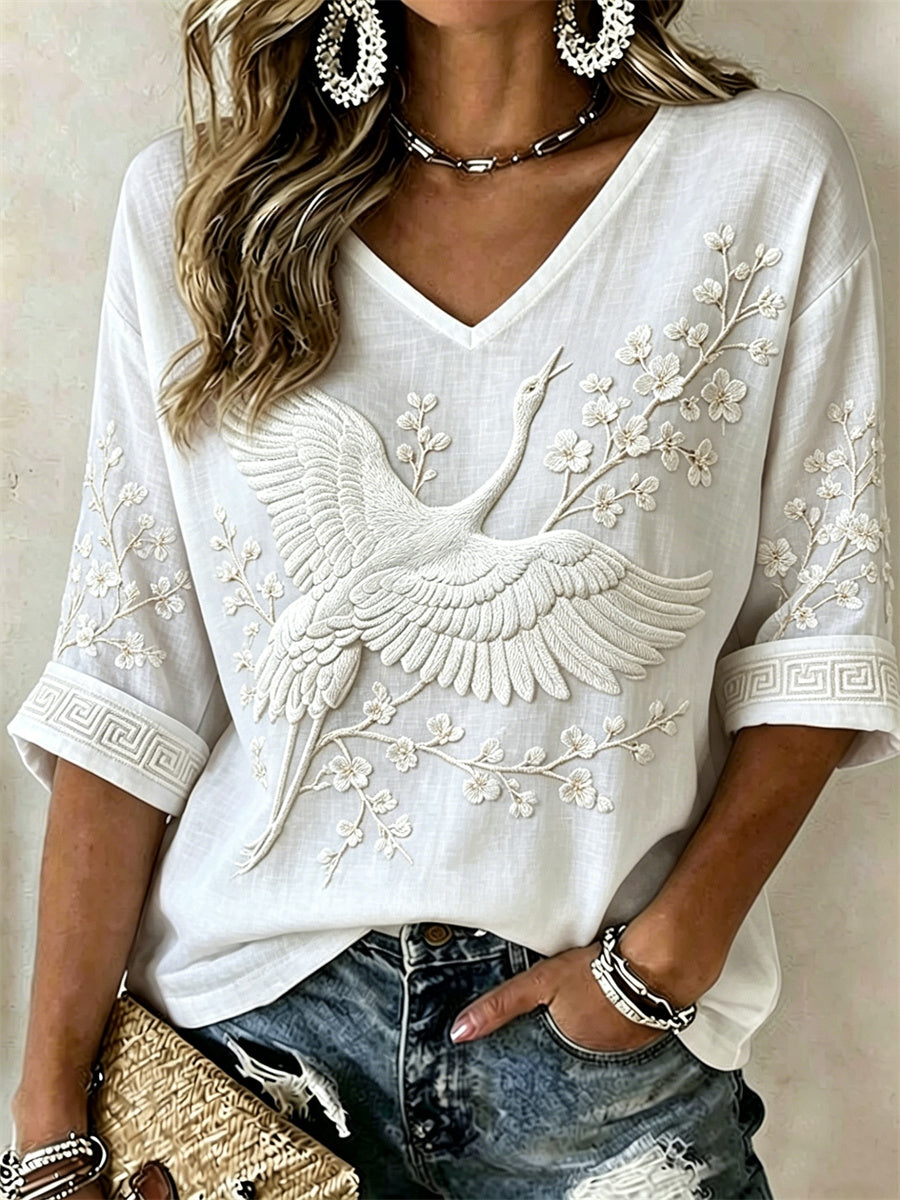 Women's Classy Flying Crane & Almond Blossom Japanese Art Print linen Mid-sleeved T-shirt