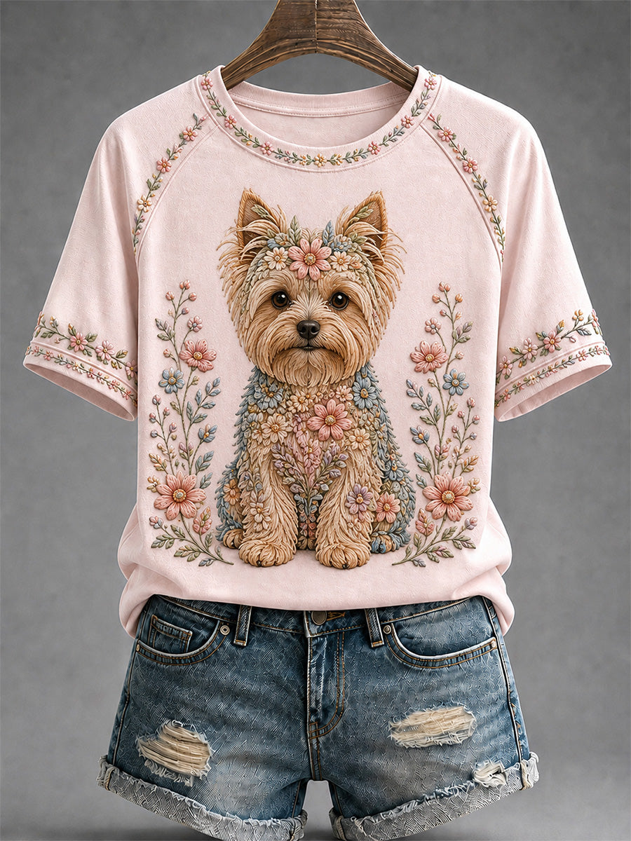 Women's Floral Dog Print Casual Tee
