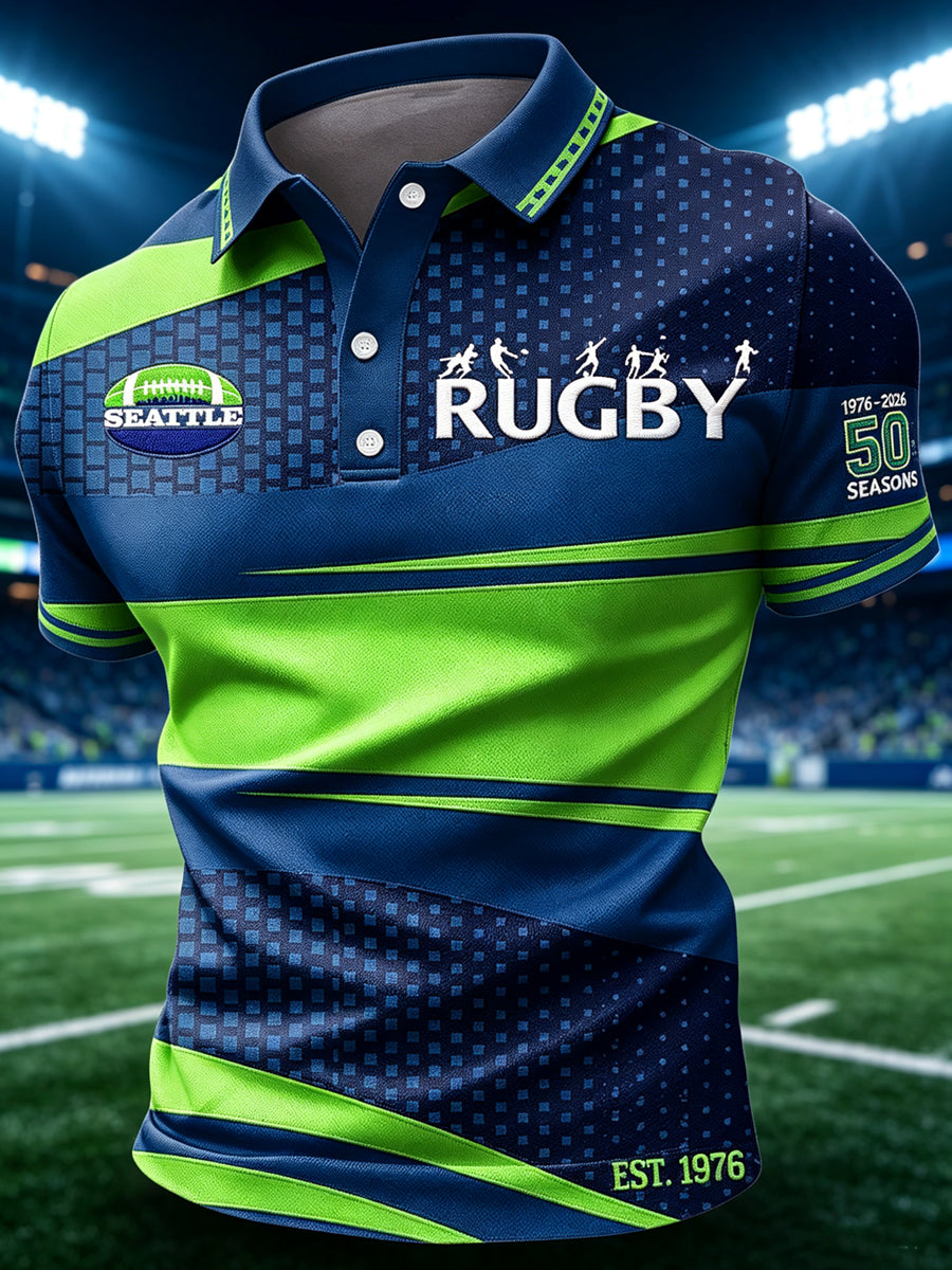 Men's Seattle Rugby Print Polo Collar Casual Short Sleeved Shirt