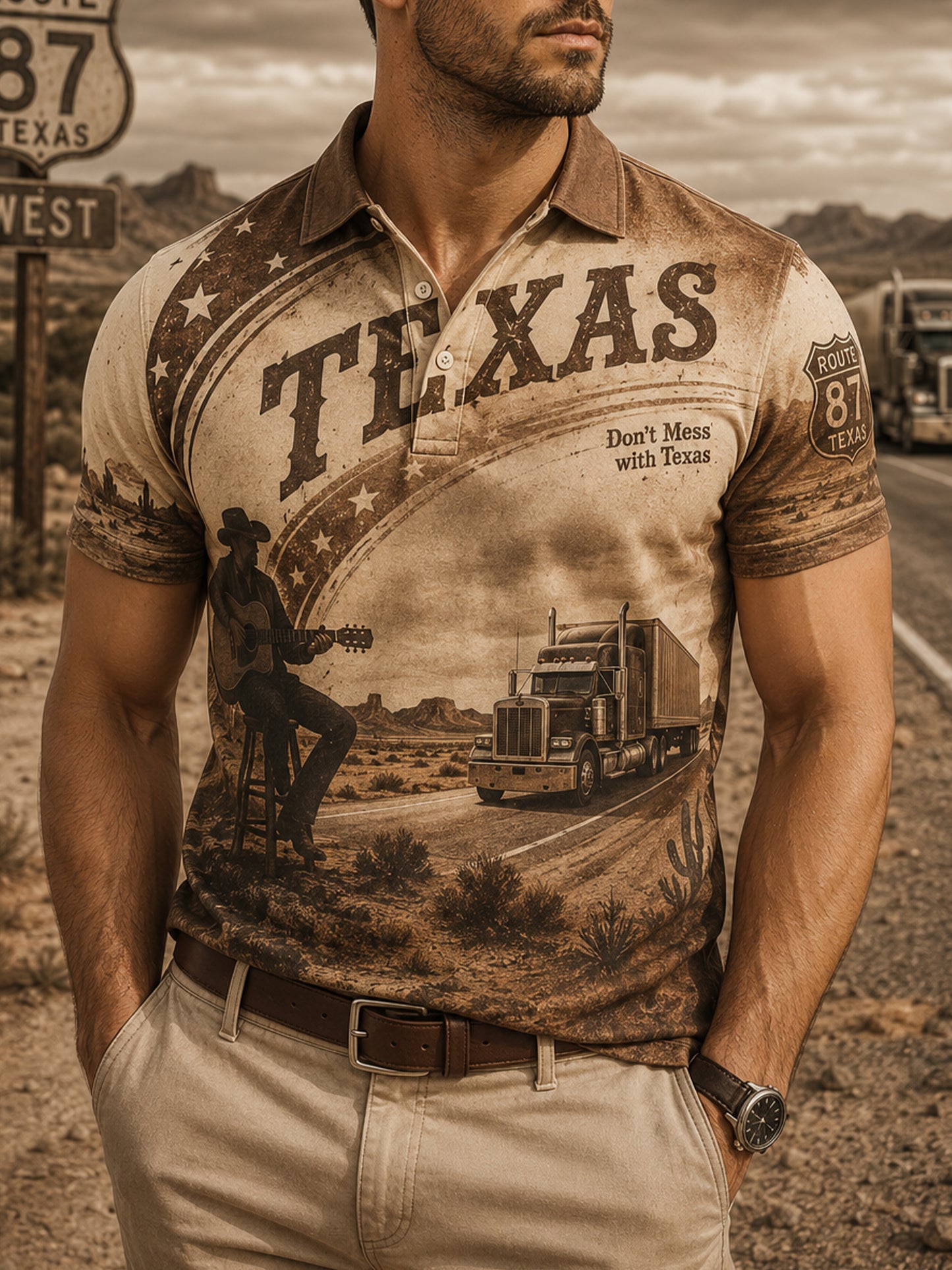 Men's Texas West Cowboy Art Print Polo