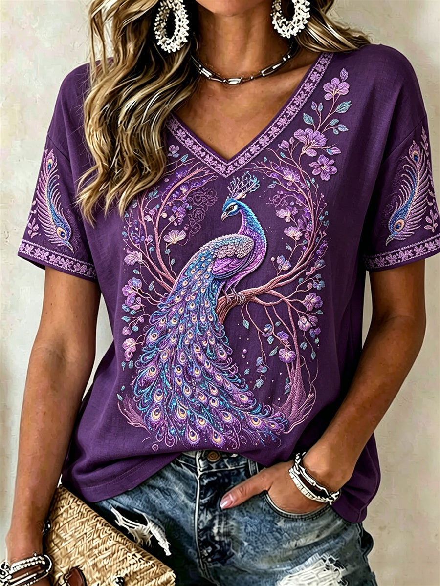 Women's Classy Purple Peacock Floral Glitter Print short-sleeved T-shirt