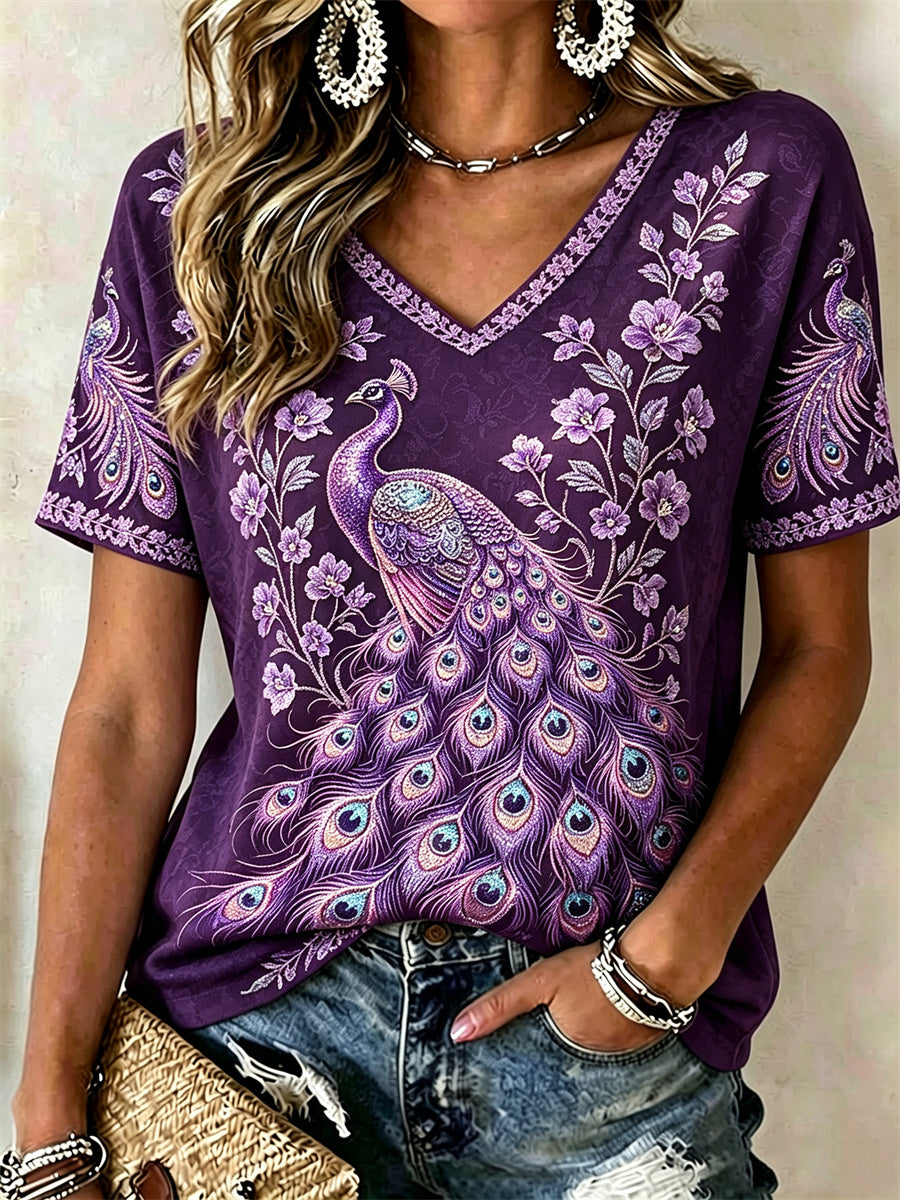 Women's Classy Purple Peacock Floral Glitter Print short-sleeved T-shirt