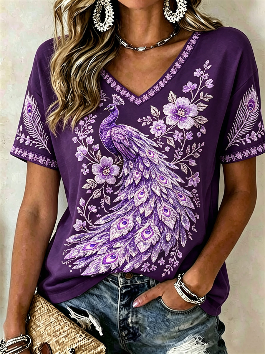 Women's Classy Purple Peacock Floral Glitter Print short-sleeved T-shirt