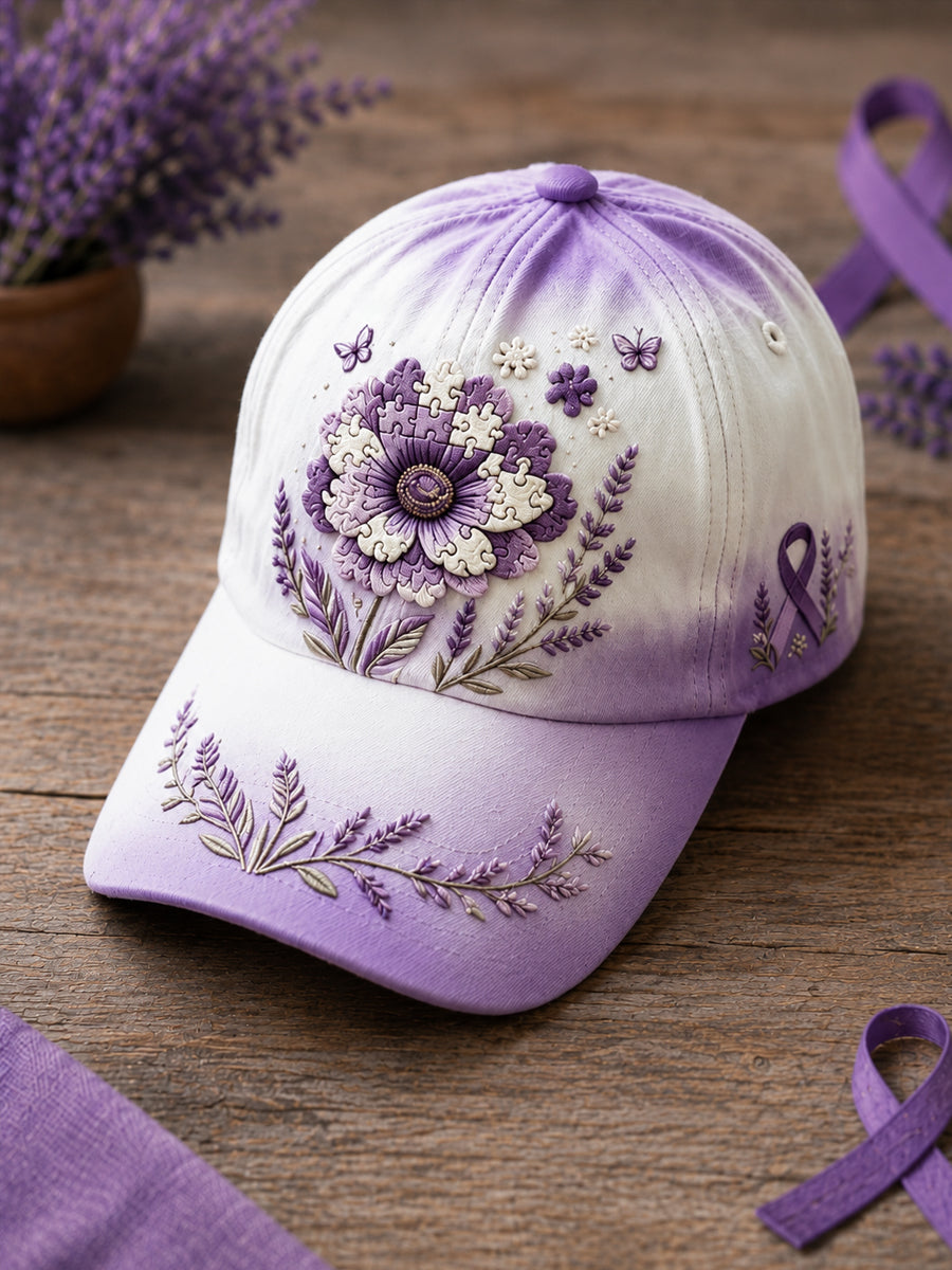 Unisex Purple Floral & Ribbon Print Alzheimer's Awareness Support Print Hat
