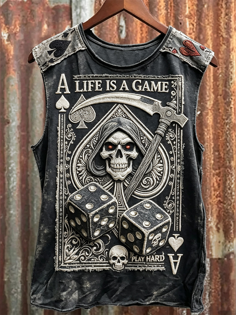 Men's Life Is A Game Play Hard Grim Reaper Dice & Ace of Spades Print Racket Vest