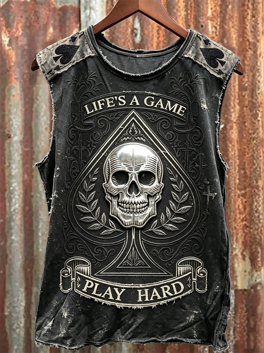 Men's Life Is A Game Play Hard Skull Ace of Spades Print Racket Vest