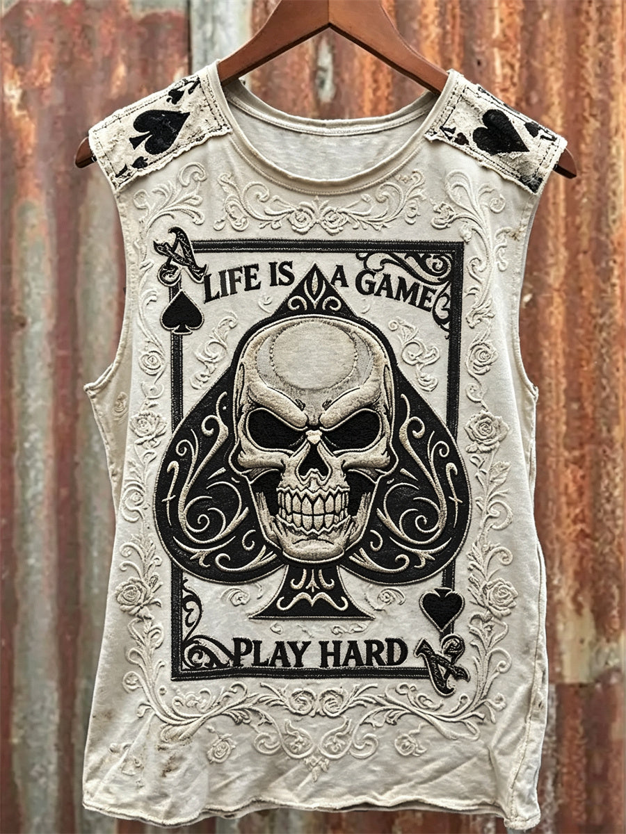 Men's Life Is A Game Play Hard Skull Ace of Spades Print Racket Vest