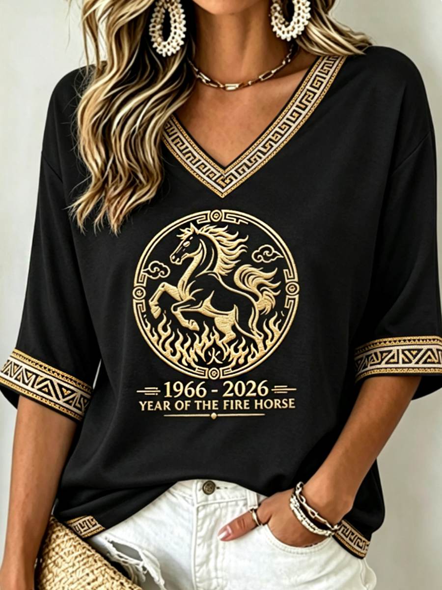 Women's YEAR OF THE FIRE HORSE Mid-length Sleeves V-Neck T-Shirt