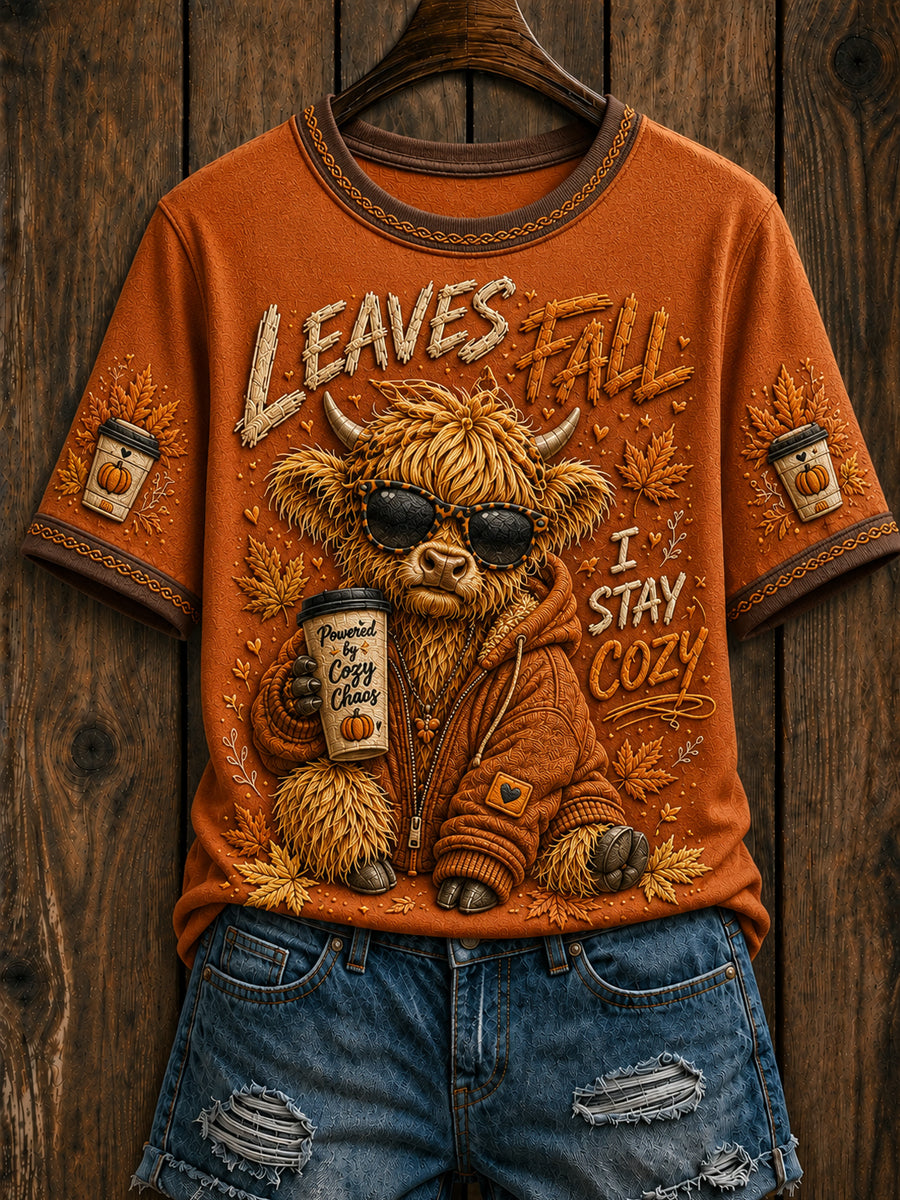 Women's Retro Autumn Cow Highland Cow Leaves Fall I dont Short Sleeve T-shirt