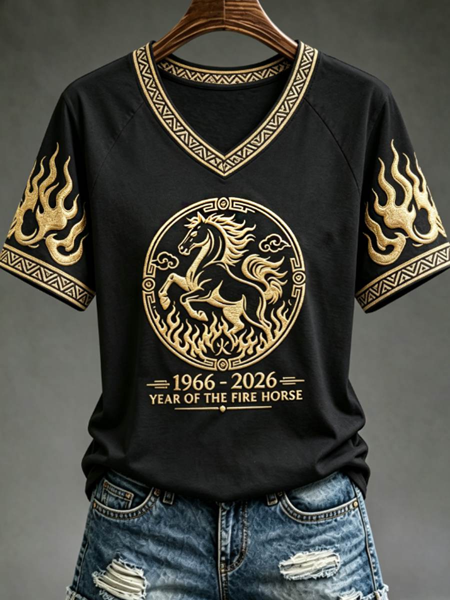 Women's YEAR OF THE FIRE HORSE V-neck off-shoulder short-sleeved T-shirt