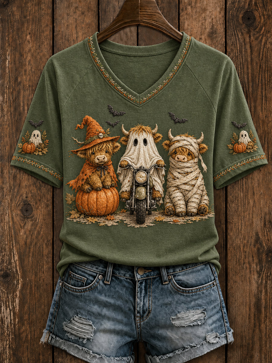 Women's Retro Autumn Highland Cow Pumpkin Ghost Short Sleeve T-shirt